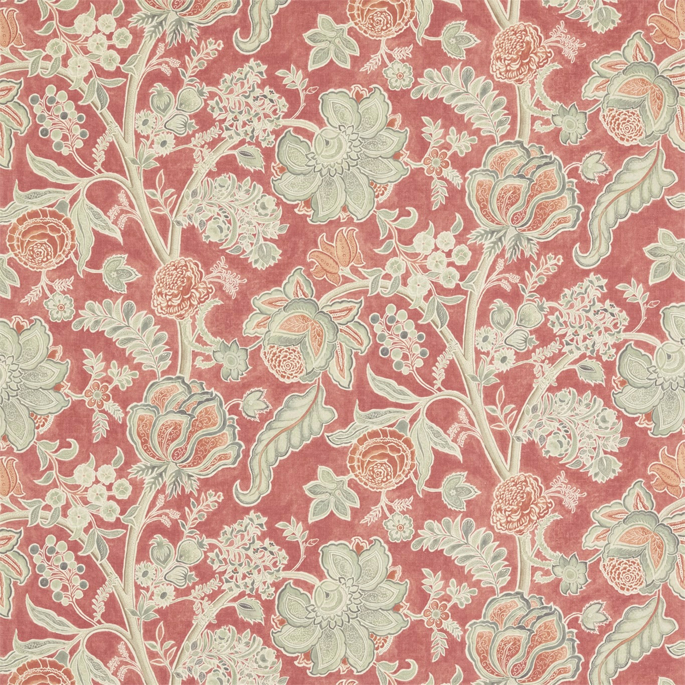 Russet coral botanical fabric with pale flint and sage floral scrolls