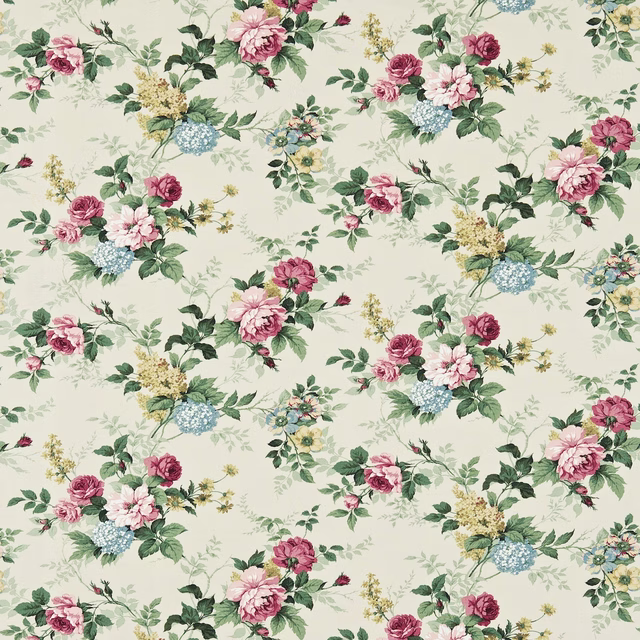 Cream floral fabric with pink roses, sage leaves and pale blue blossoms