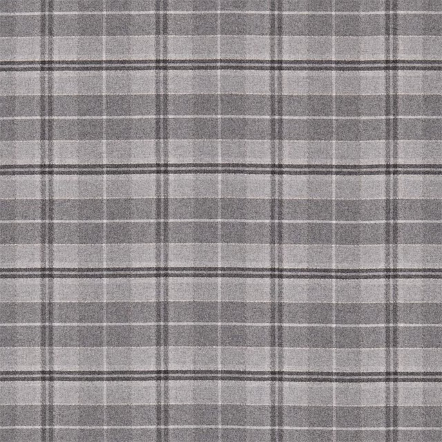 Grey wool check fabric with charcoal stripes and soft brushed texture