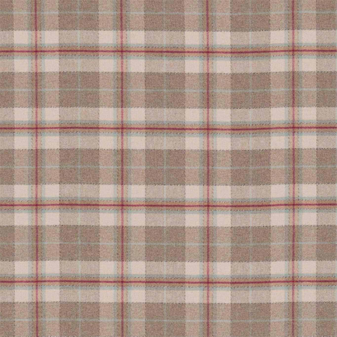 Soft biscuit and cream checked fabric with cherry-red and pale blue lines