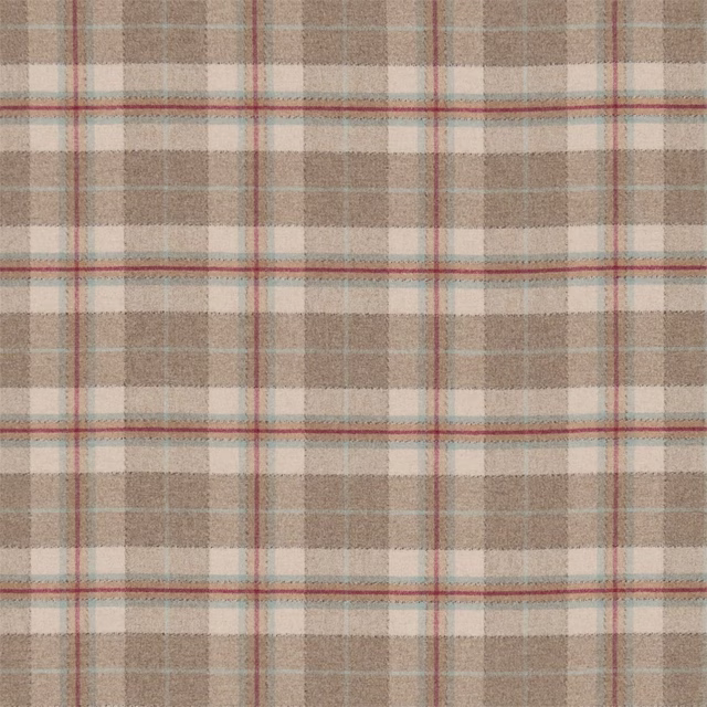 Soft biscuit and cream checked fabric with cherry-red and pale blue lines