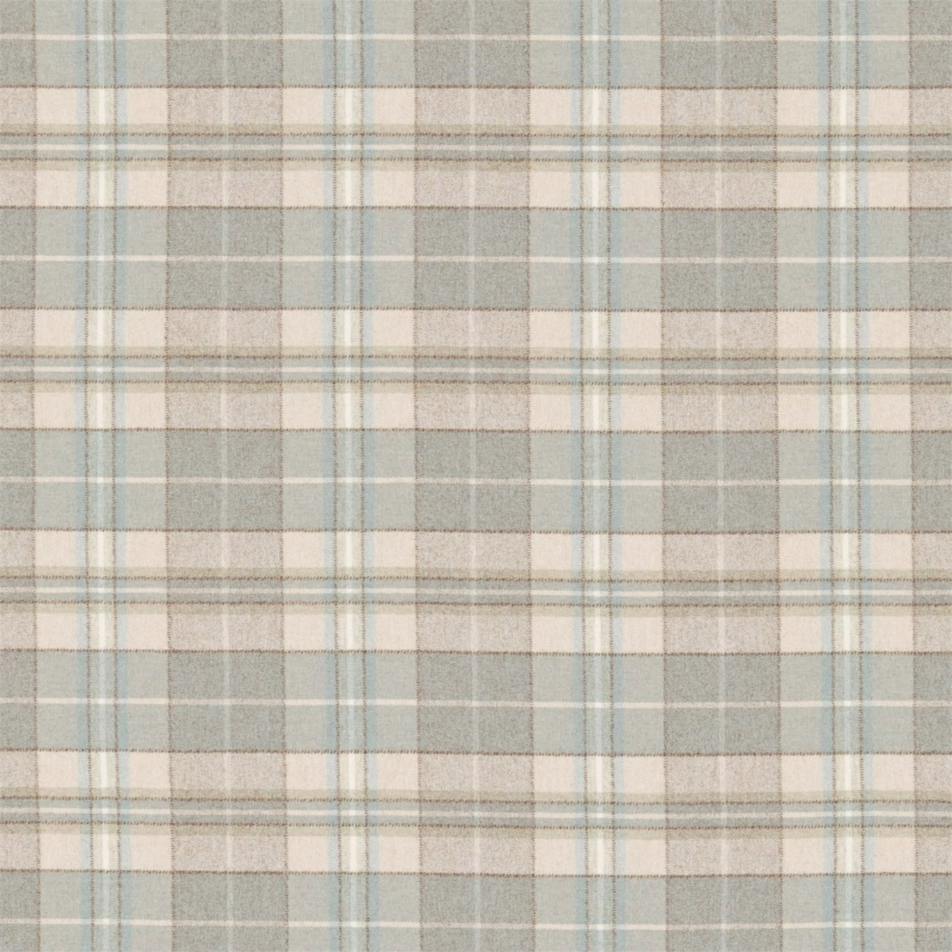 Pale eggshell and cream plaid wool fabric with soft blue-grey stripes