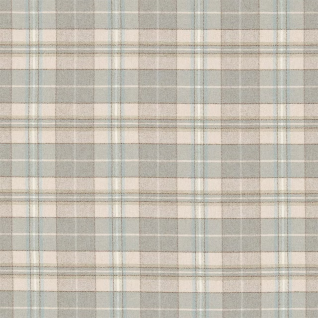 Pale eggshell and cream plaid wool fabric with soft blue-grey stripes