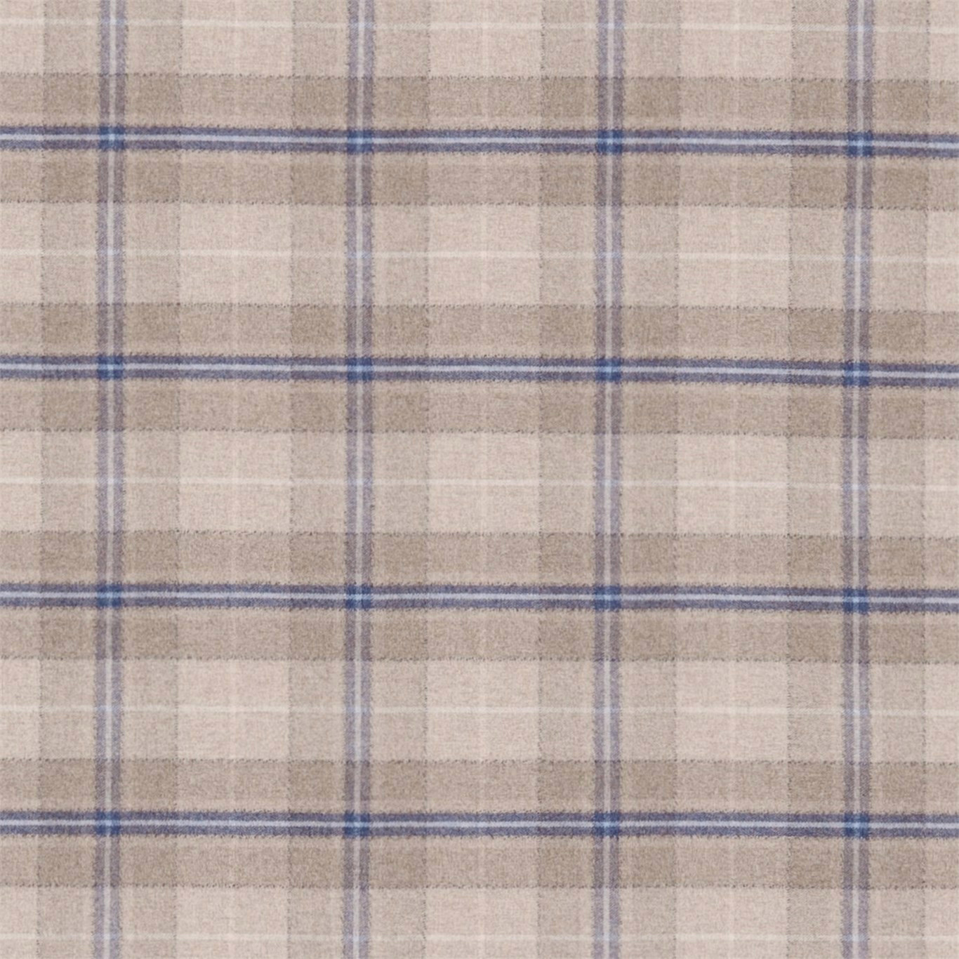 Stone beige wool check fabric with indigo blue stripes