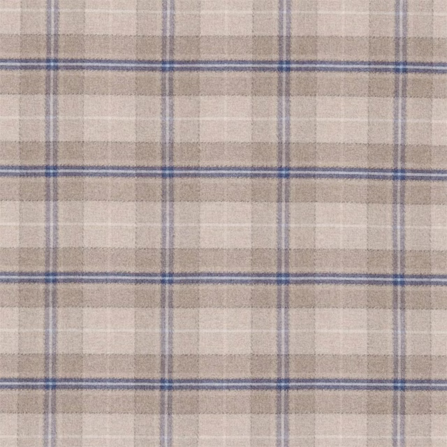 Stone beige wool check fabric with indigo blue stripes