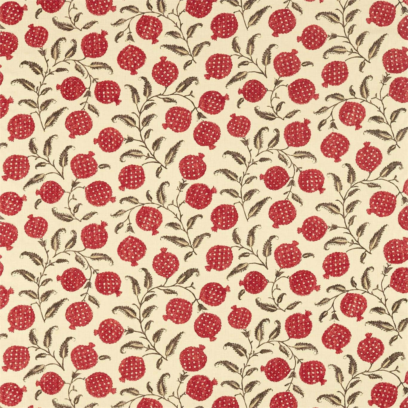 Cream fabric with scattered madder-red pomegranate motifs and brown trailing stems