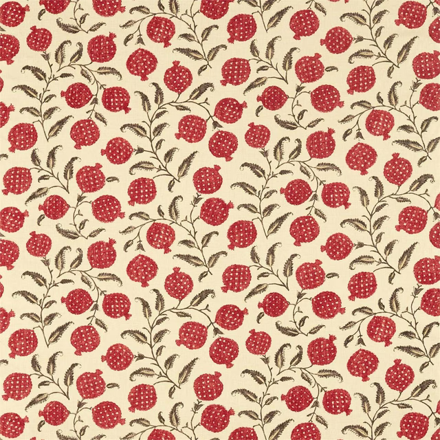 Cream fabric with scattered madder-red pomegranate motifs and brown trailing stems
