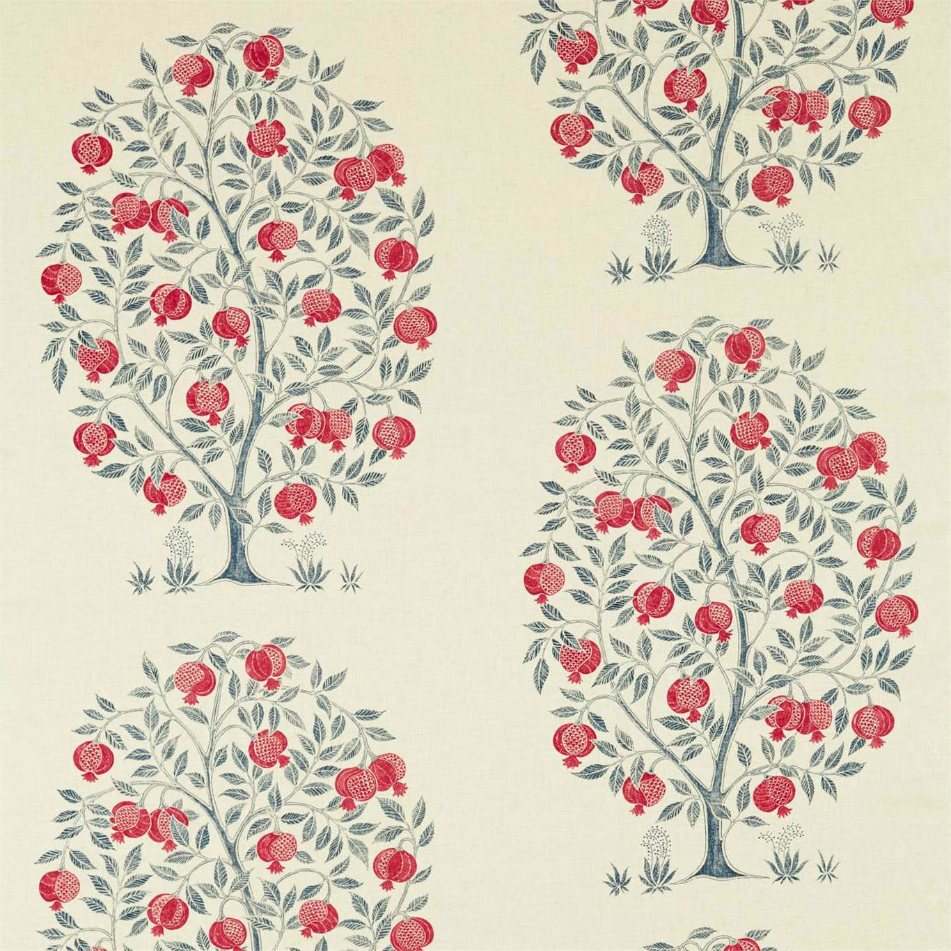 Cream fabric swatch with blue-grey fruit trees and bright crimson pomegranates