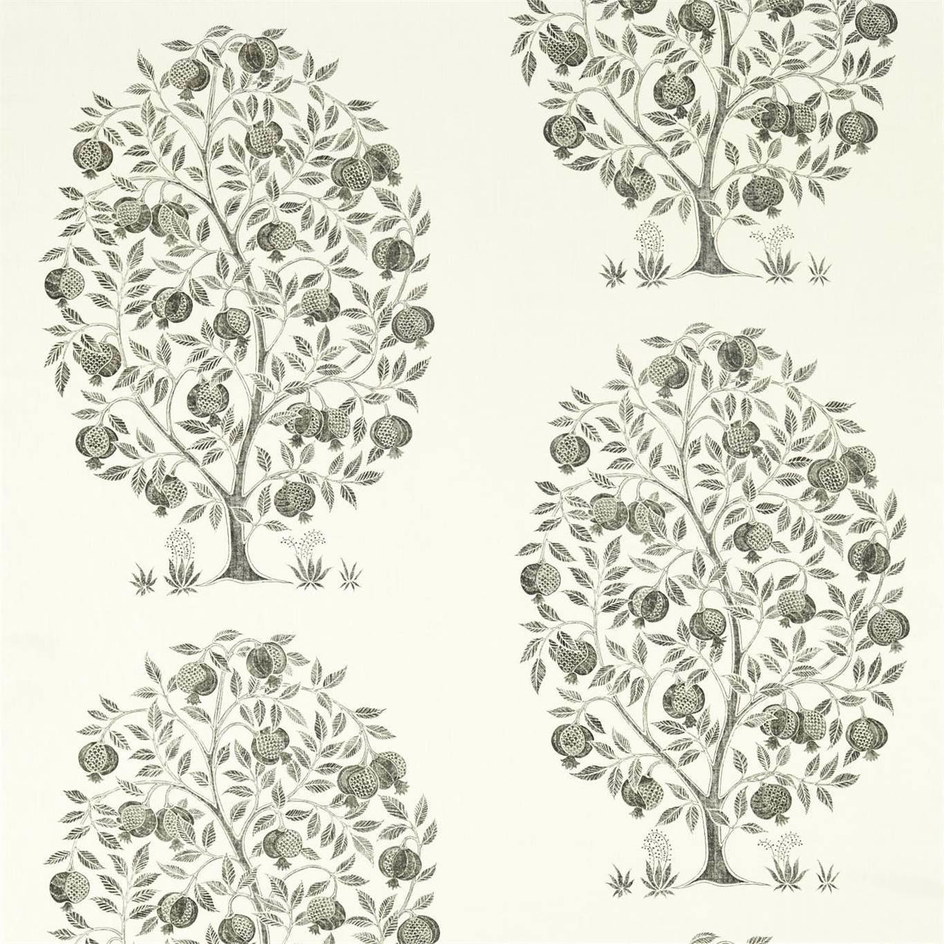 Ivory fabric with repeated charcoal tree motifs and fine botanical detailing