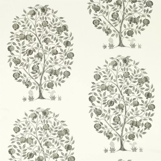 Ivory fabric with repeated charcoal tree motifs and fine botanical detailing