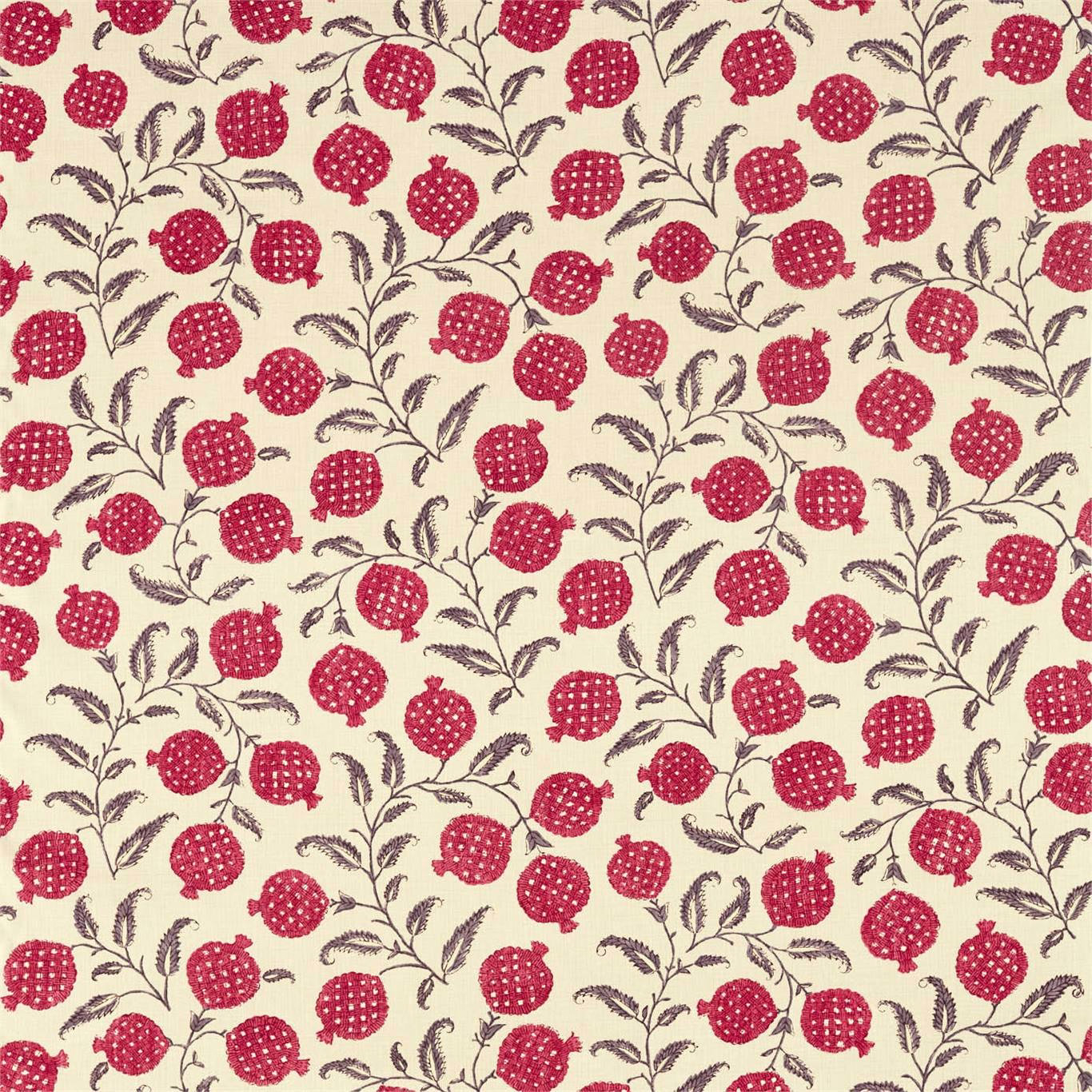 Cherry-red pomegranate motif with dark leafy stems on a pale ground