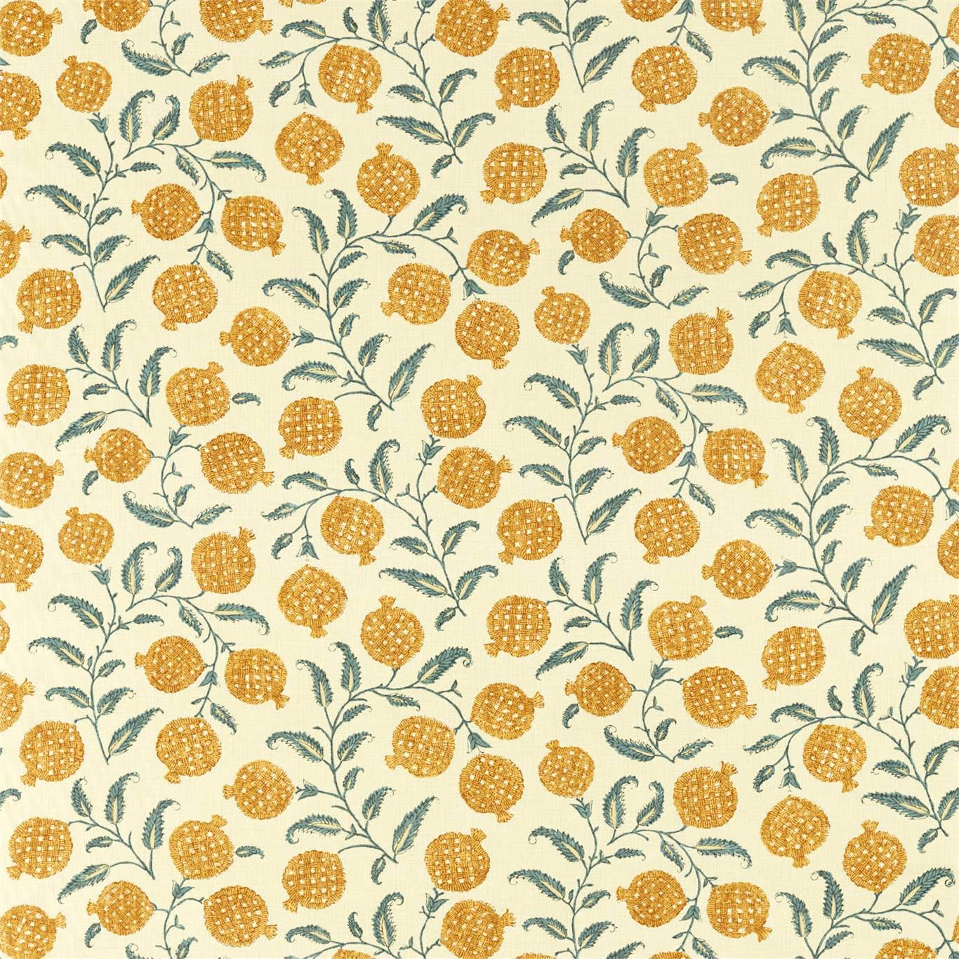Cream fabric swatch with mustard pomegranates and teal leafy vines