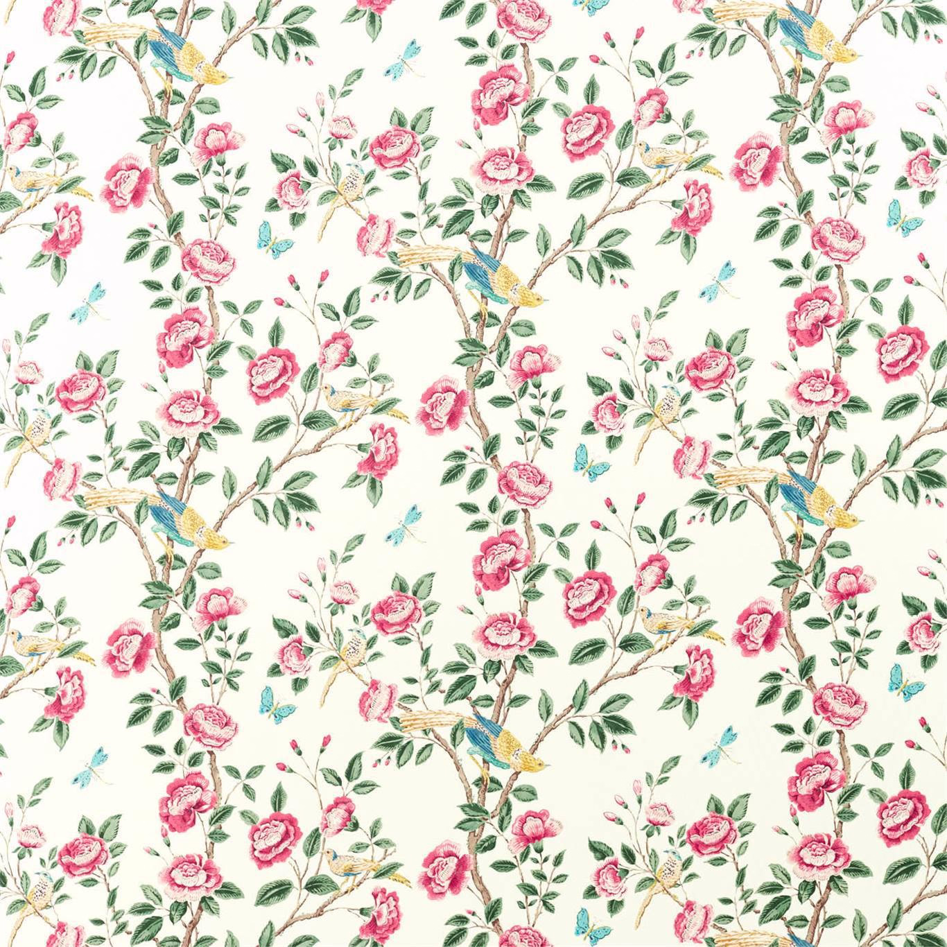 Cream fabric with trailing pink roses, green leaves and small blue birds