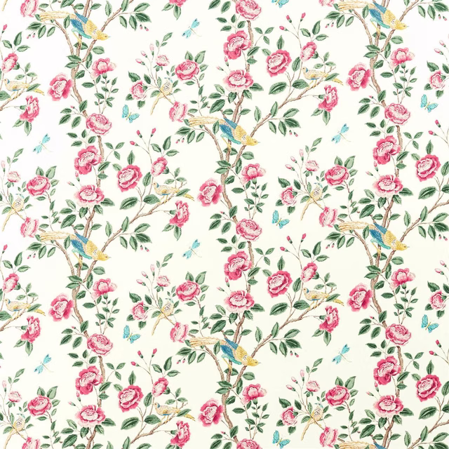 Cream fabric with trailing pink roses, green leaves and small blue birds