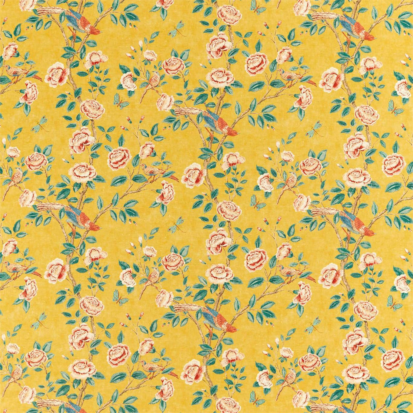Saffron yellow floral fabric with teal leaves and embroidered birds