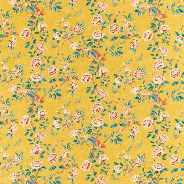 Saffron yellow floral fabric with teal leaves and embroidered birds