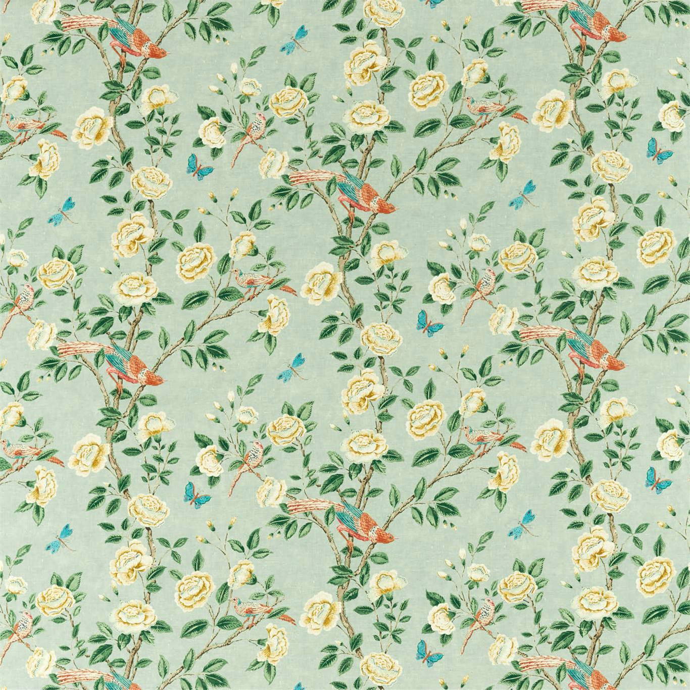 Seafoam green fabric with embroidered-style flowers, birds and leafy branches