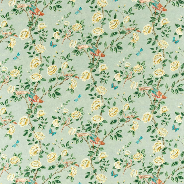 Seafoam green fabric with embroidered-style flowers, birds and leafy branches
