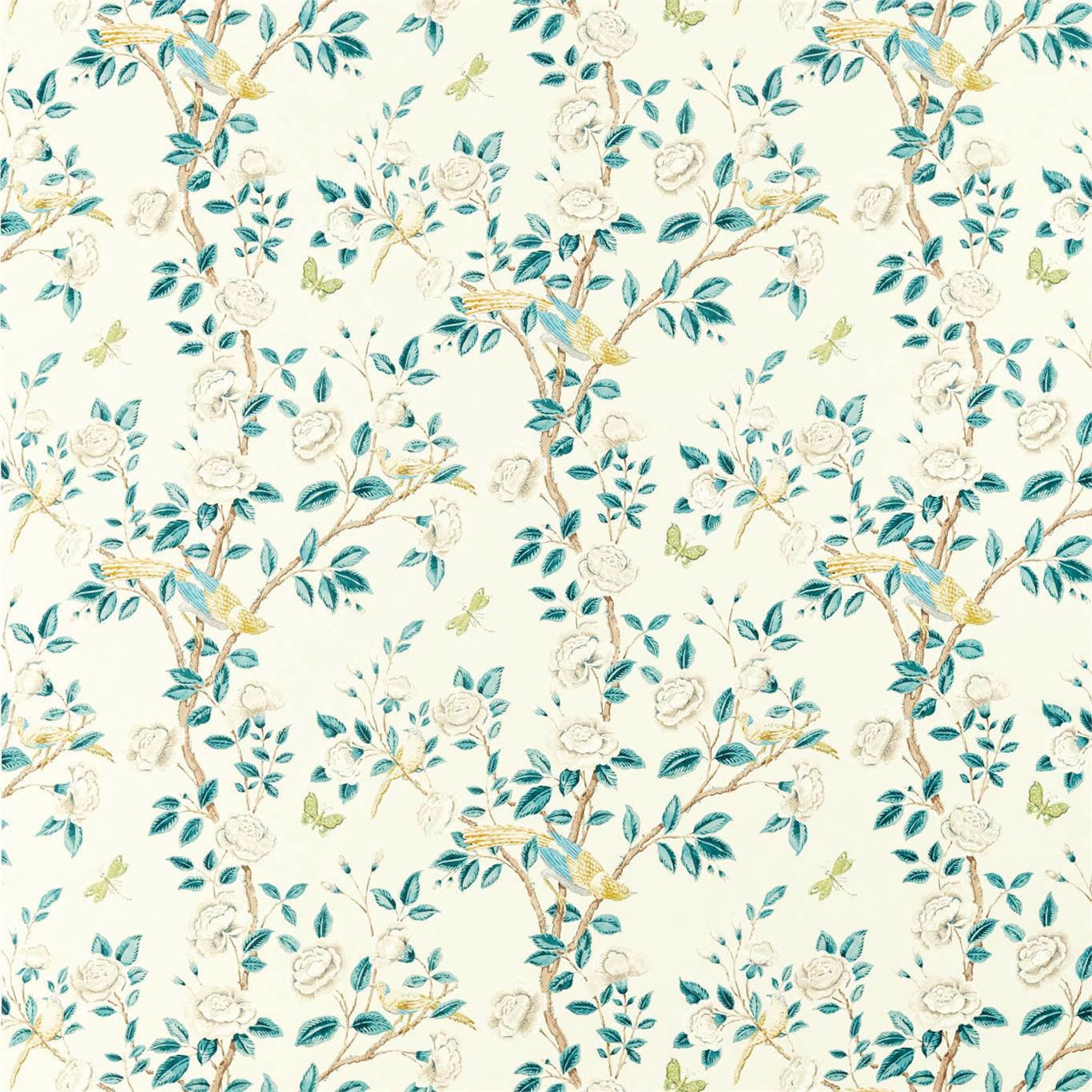 Cream embroidered fabric with teal leaves, white flowers and gold branch detail