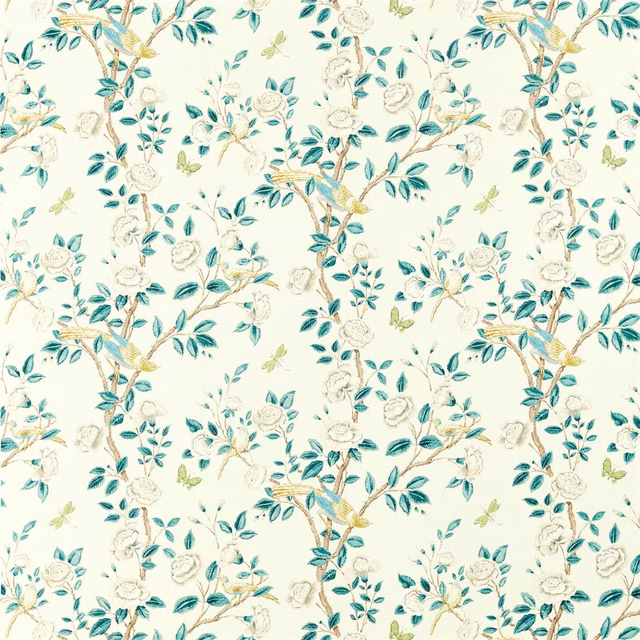 Cream embroidered fabric with teal leaves, white flowers and gold branch detail