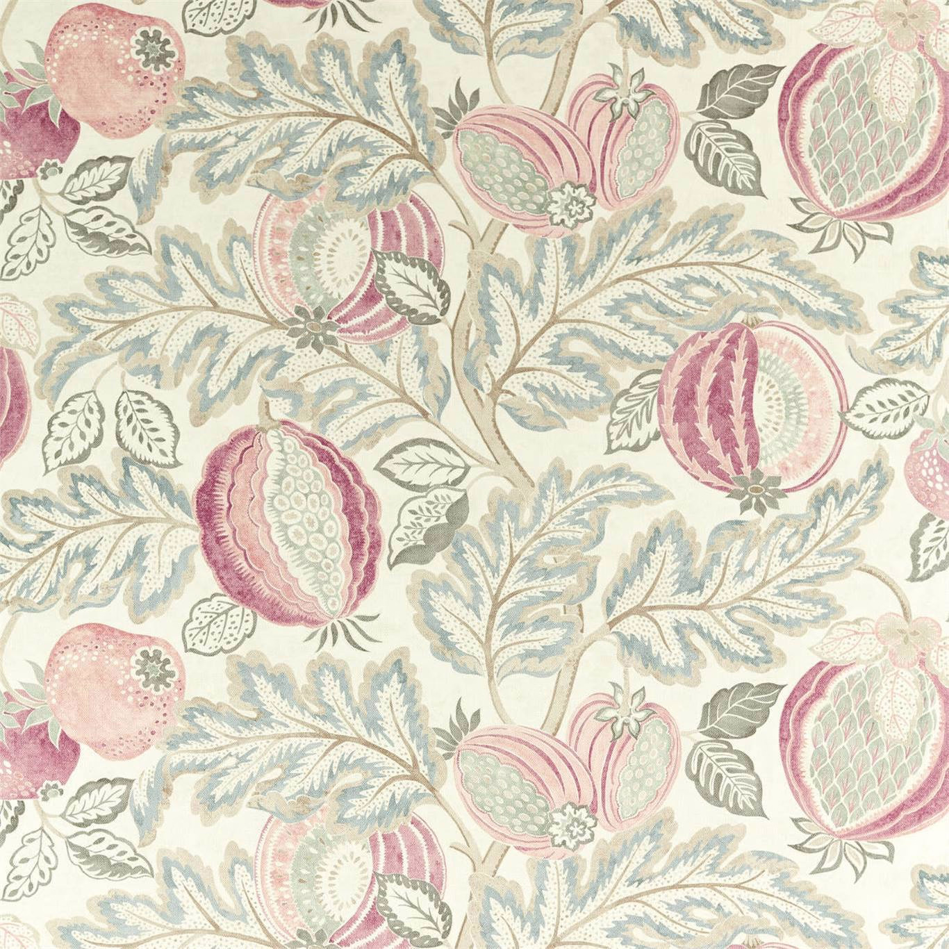 Pale blush fruit and dove-blue foliage print on a cream woven fabric