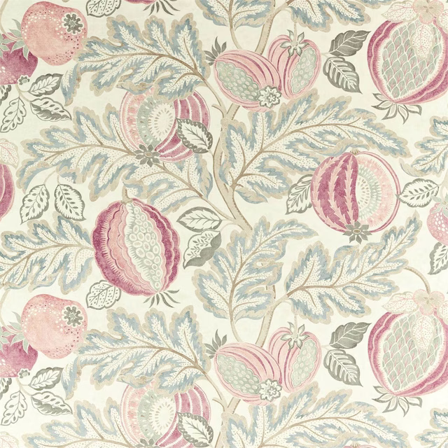 Pale blush fruit and dove-blue foliage print on a cream woven fabric