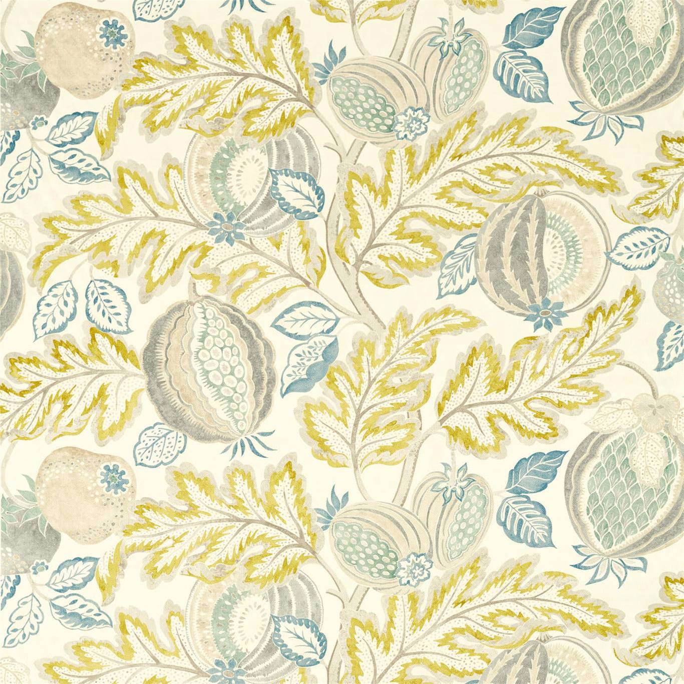 Large botanical fabric swatch with sage, teal and cantaloupe leaves on ivory ground