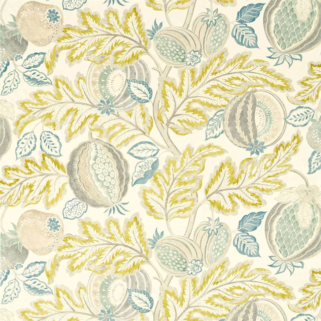 Large botanical fabric swatch with sage, teal and cantaloupe leaves on ivory ground
