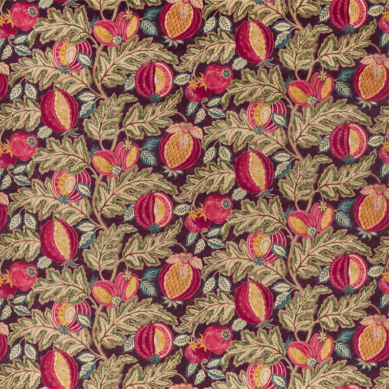 Cherry velvet fabric with large fruit and leaf motif in cream, pink and gold