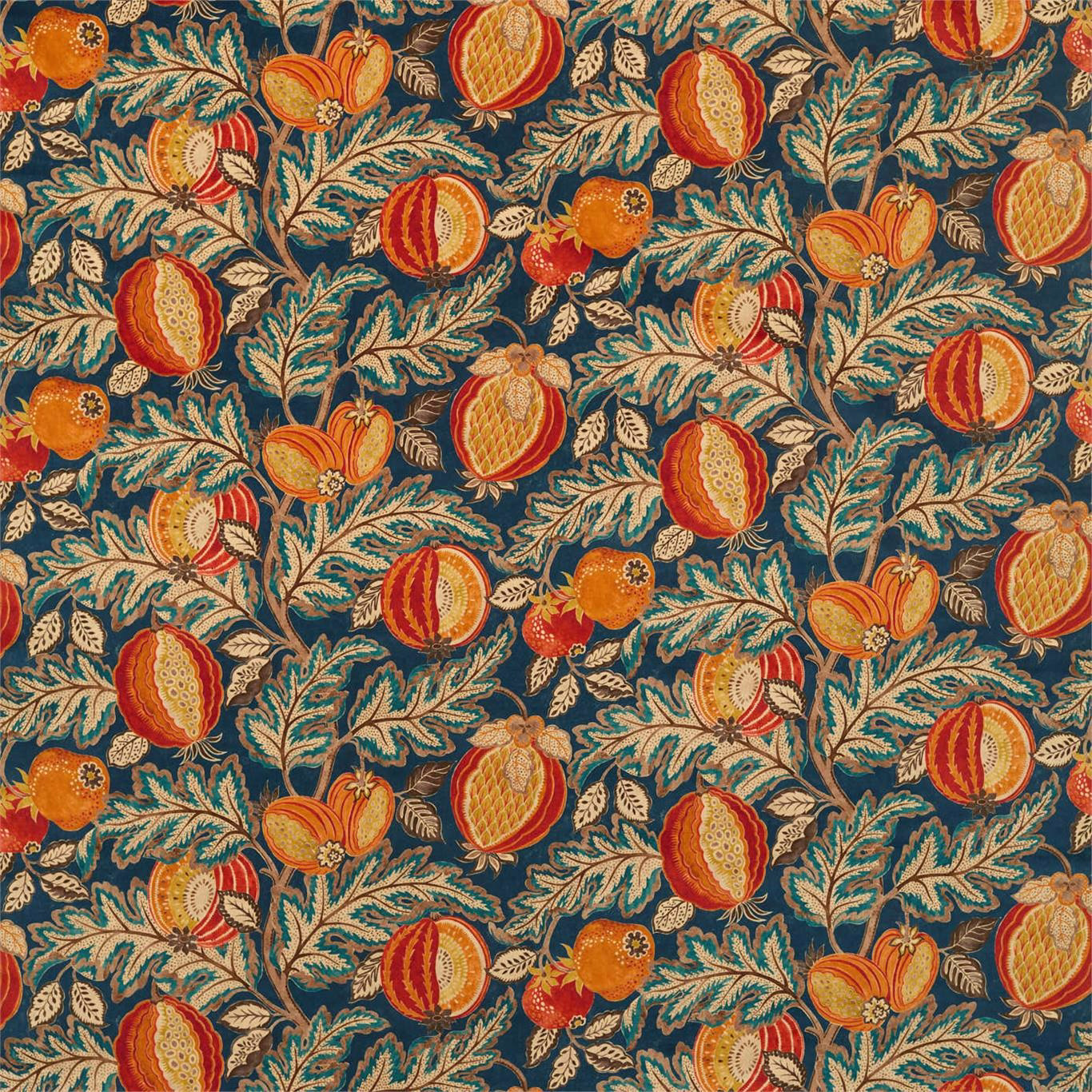 Patterned velvet swatch with teal ground, orange fruit motifs and embroidered-look leaves
