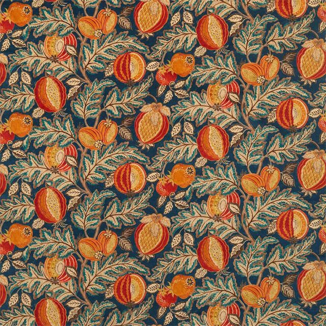 Patterned velvet swatch with teal ground, orange fruit motifs and embroidered-look leaves