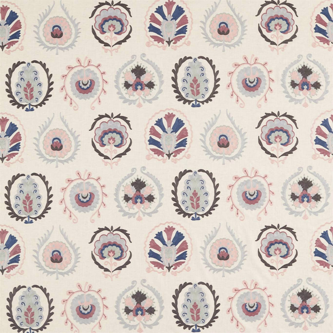 Cream ground fabric with repeating blush, dove grey and blue floral urn motifs