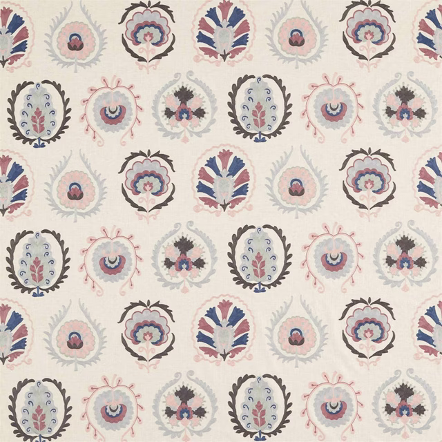 Cream ground fabric with repeating blush, dove grey and blue floral urn motifs