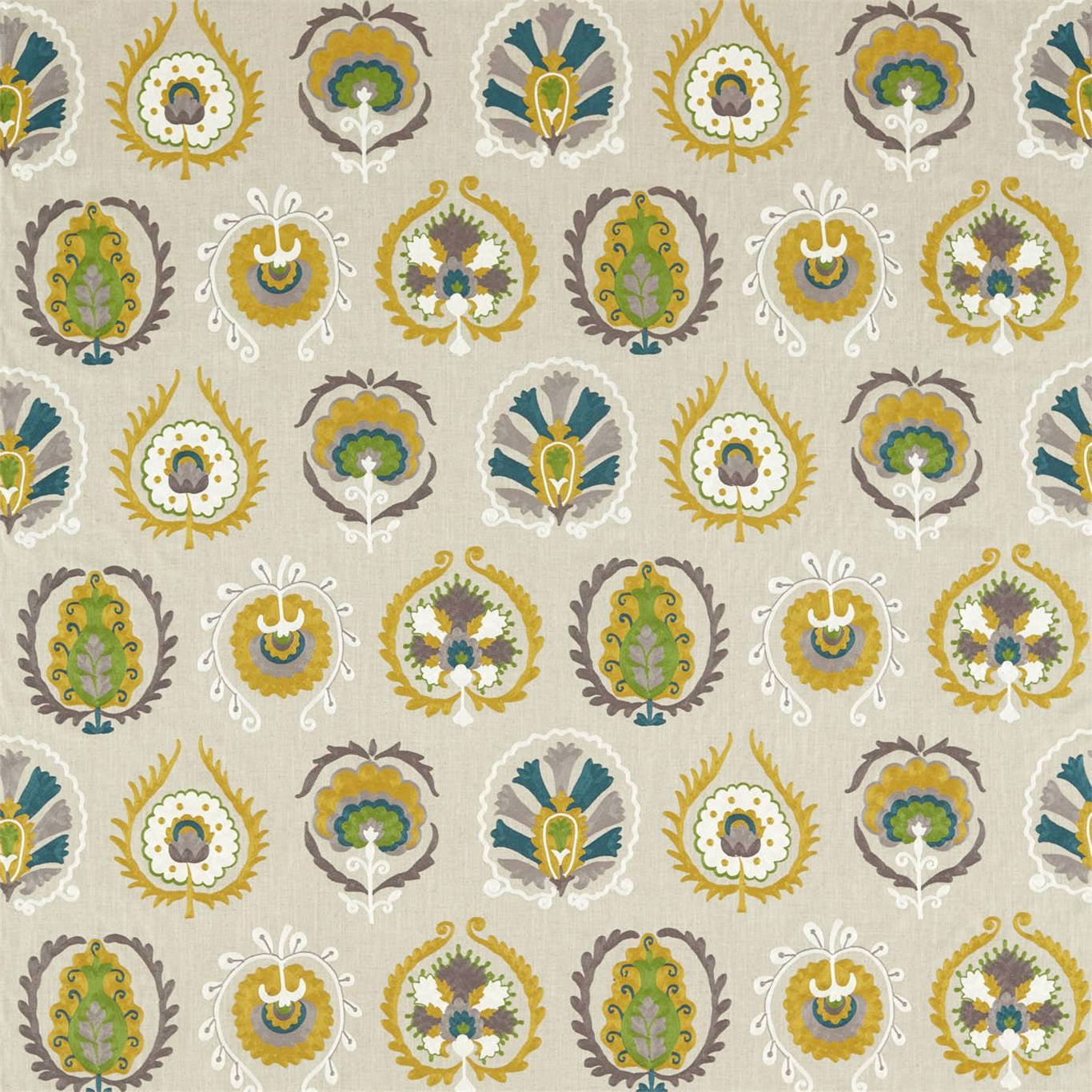 Beige patterned fabric with stylised floral motifs in mustard, teal and grey
