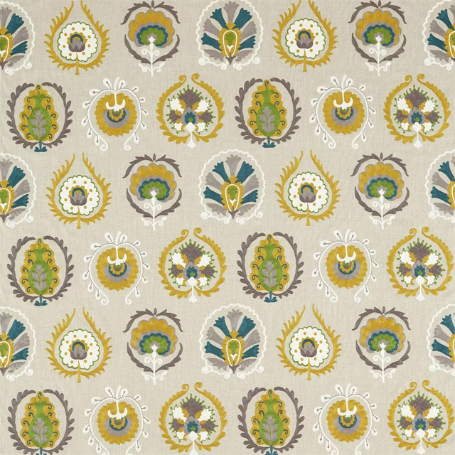 Beige patterned fabric with stylised floral motifs in mustard, teal and grey