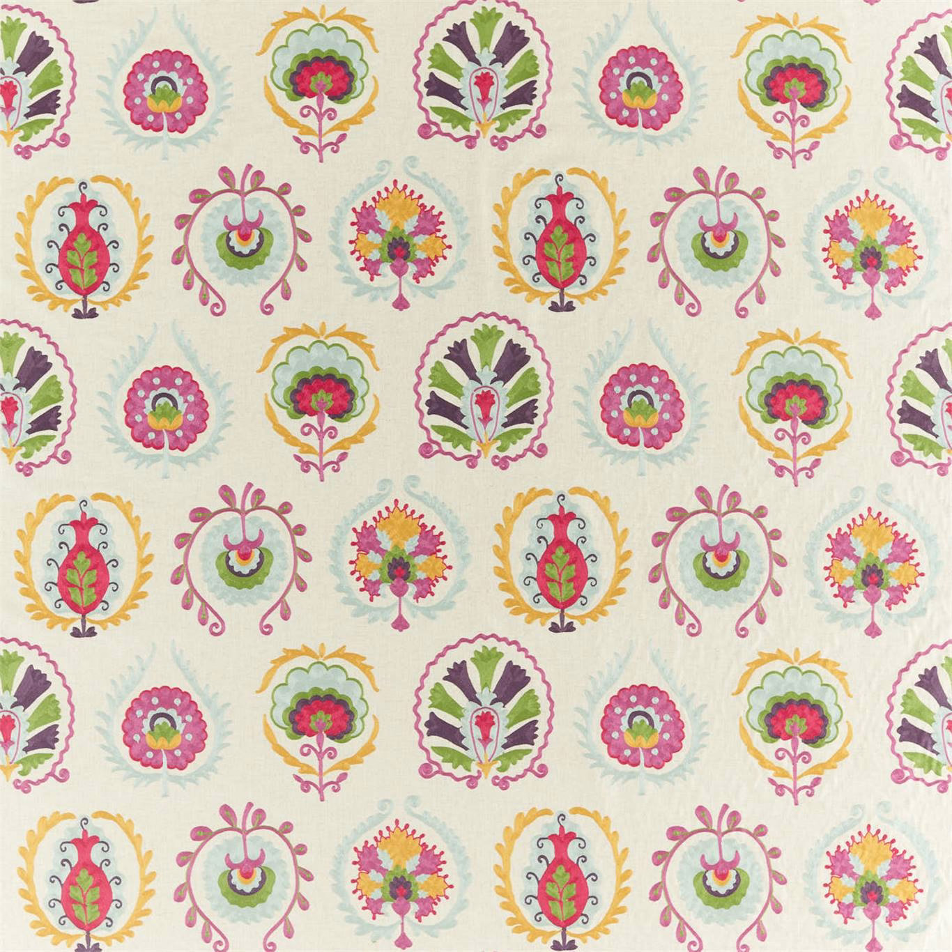 Patterned fabric swatch with bright pink, green and gold floral medallions on ivory ground