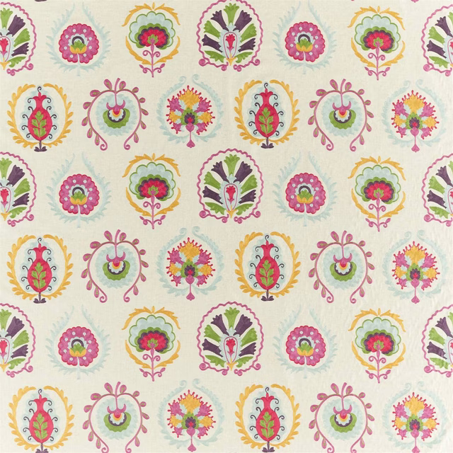 Patterned fabric swatch with bright pink, green and gold floral medallions on ivory ground