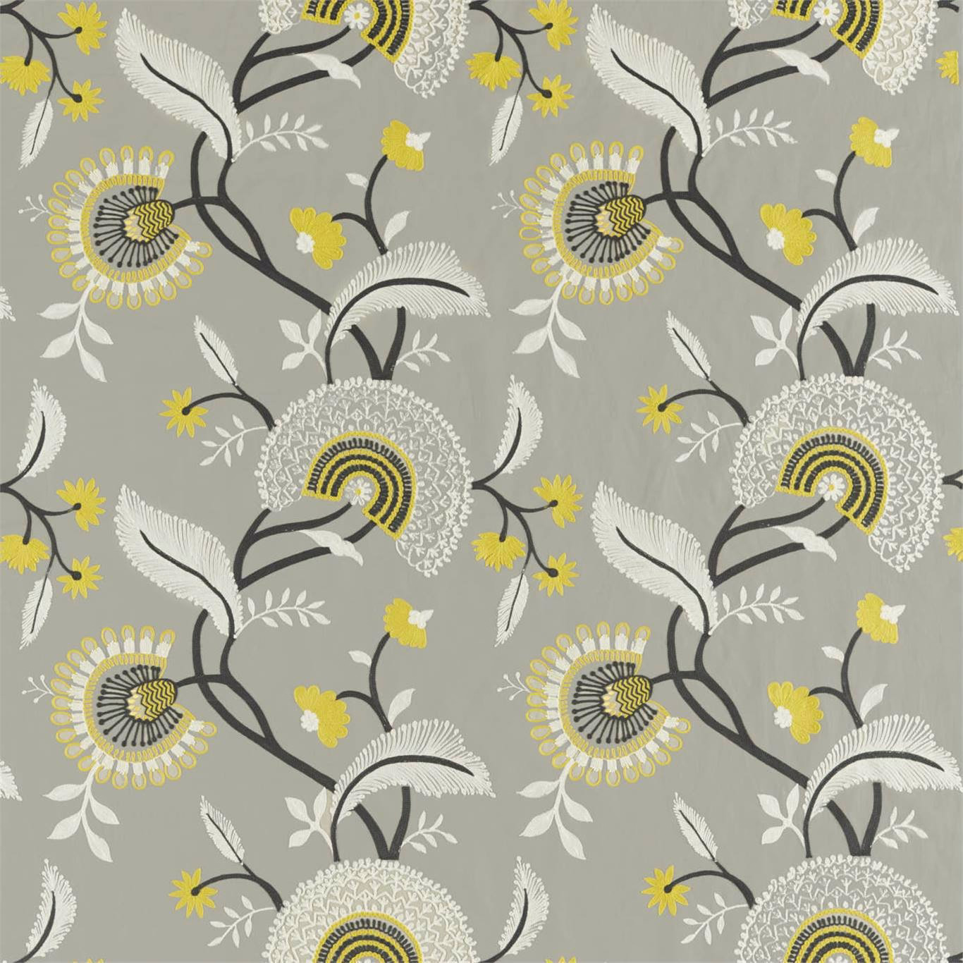 Ash grey floral fabric with charcoal stems, white leaves and yellow embroidered accents
