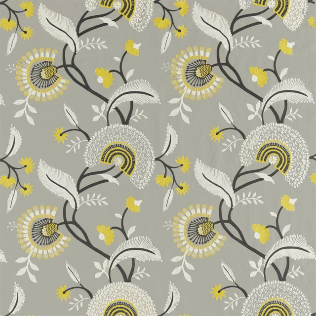 Ash grey floral fabric with charcoal stems, white leaves and yellow embroidered accents