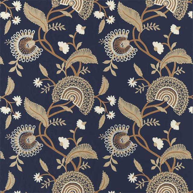 Deep navy patterned fabric with tan, ivory and gold botanical embroidery-style motifs