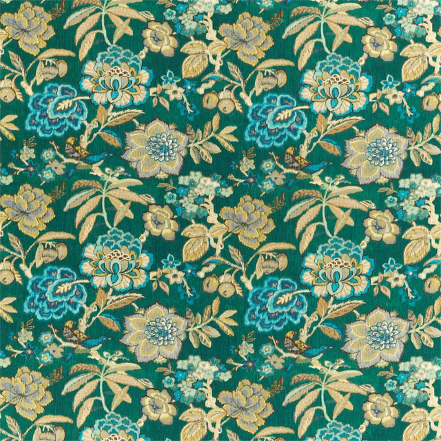 Emerald teal floral fabric swatch with aqua, gold and cream embroidered motifs