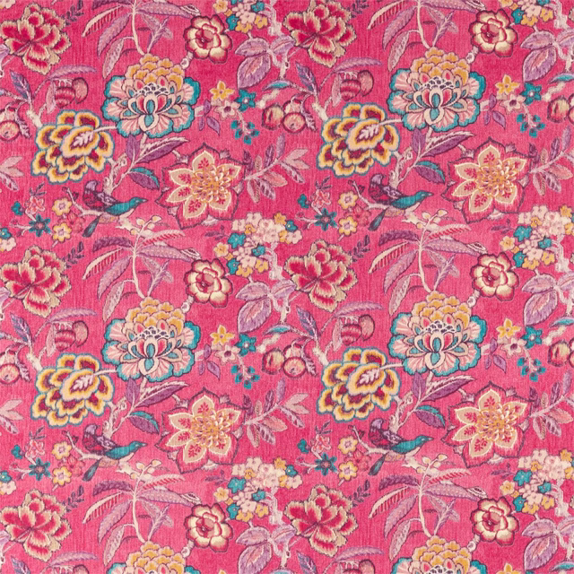 Bright hibiscus-pink floral fabric with teal, cream and gold blossoms