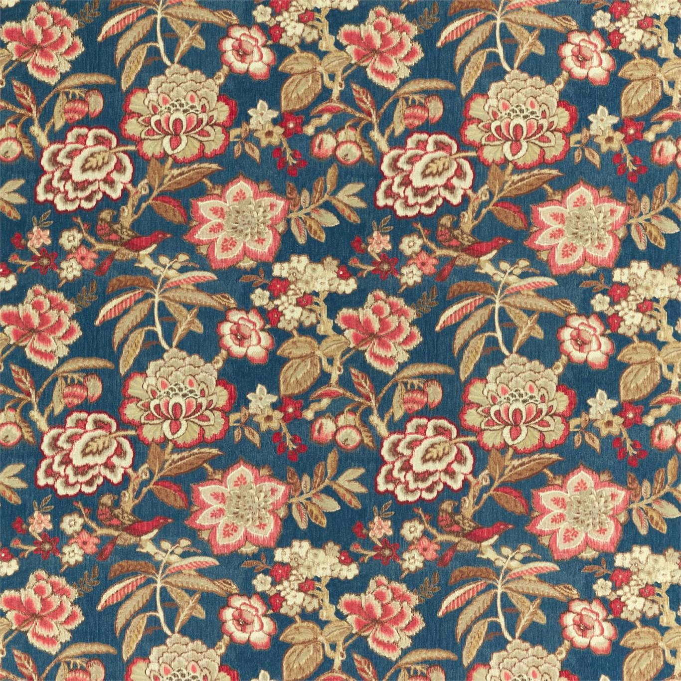 Floral woven fabric in indigo blue with cherry-red, cream and tan blossoms