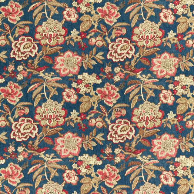 Floral woven fabric in indigo blue with cherry-red, cream and tan blossoms