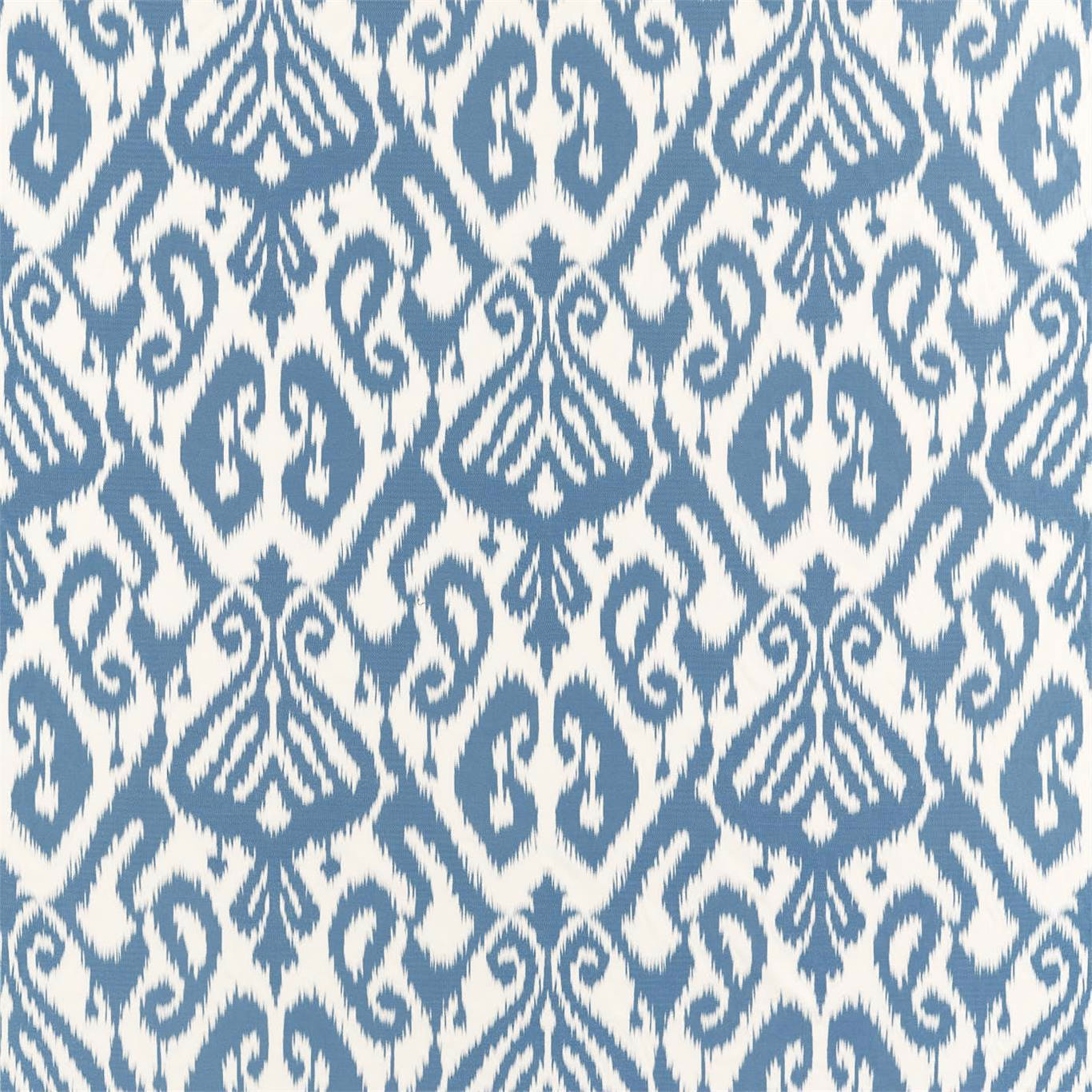 Indigo and cream ikat-style geometric fabric swatch with crisp woven pattern