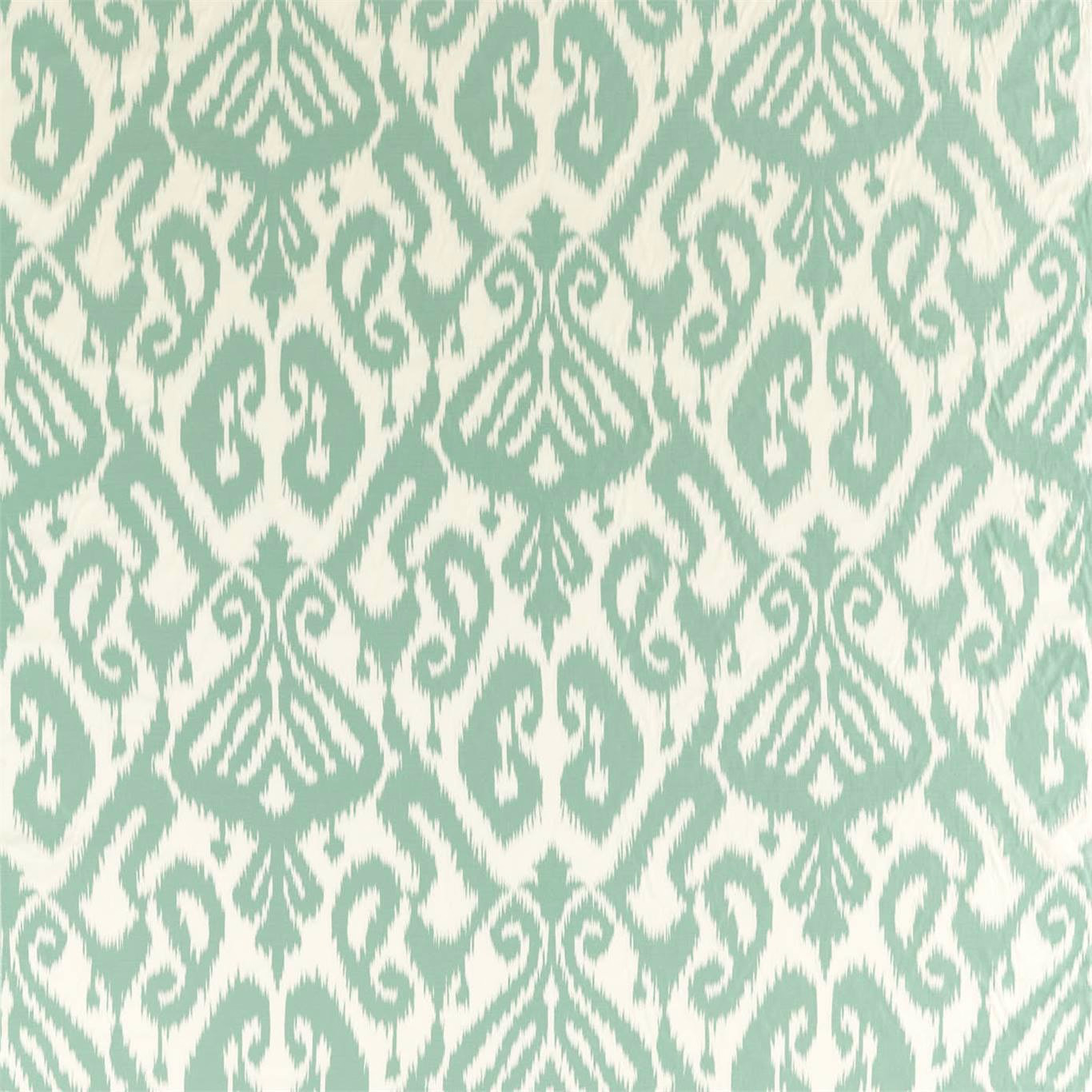 Sea-glass teal and cream ikat-style fabric swatch with large woven-looking motif