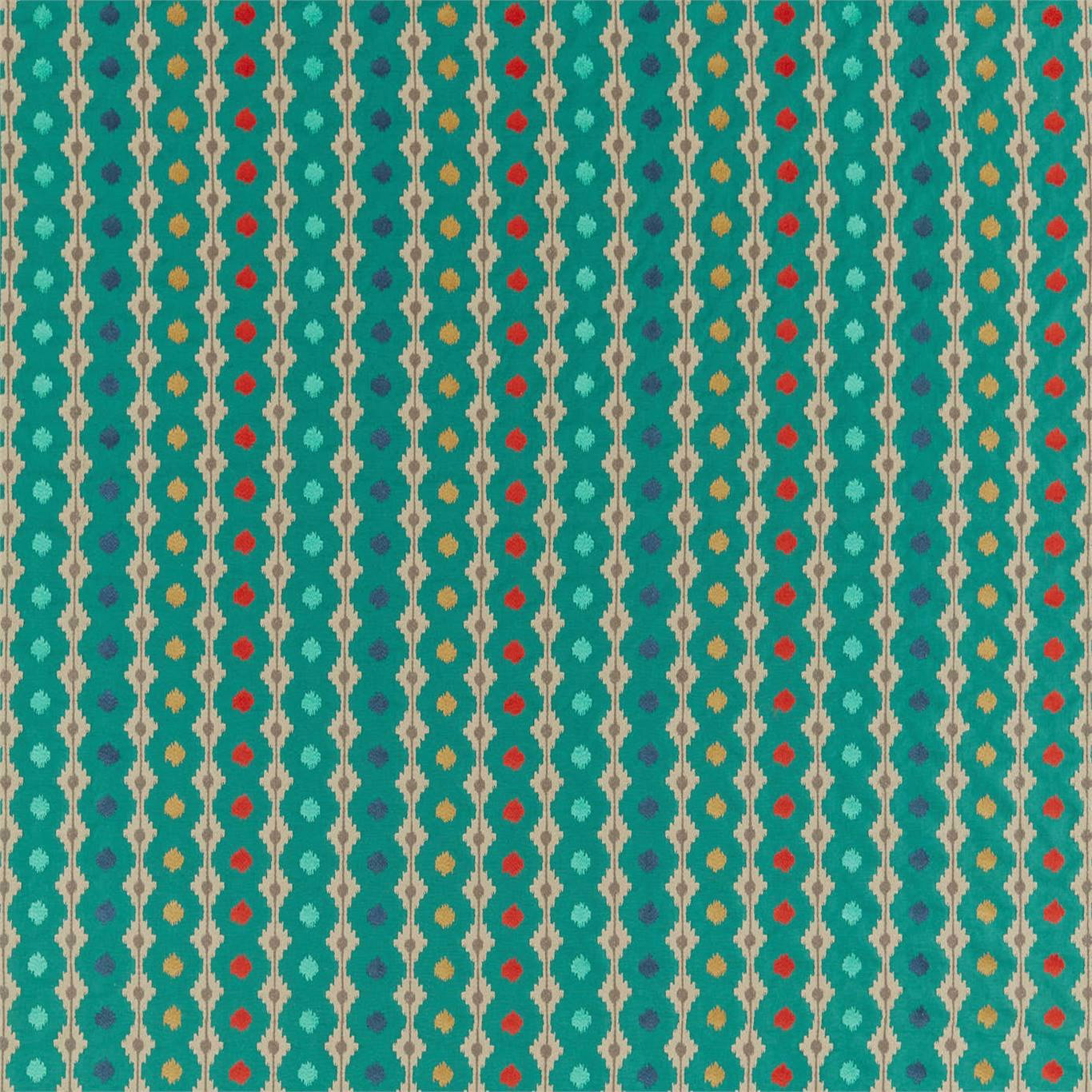 Teal geometric fabric swatch with cream vertical links and red, blue, and gold dots