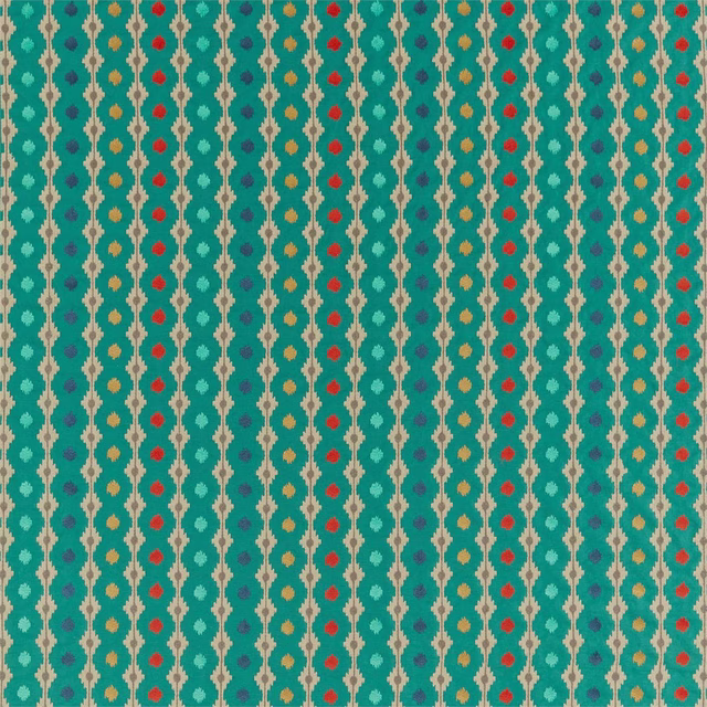 Teal geometric fabric swatch with cream vertical links and red, blue, and gold dots