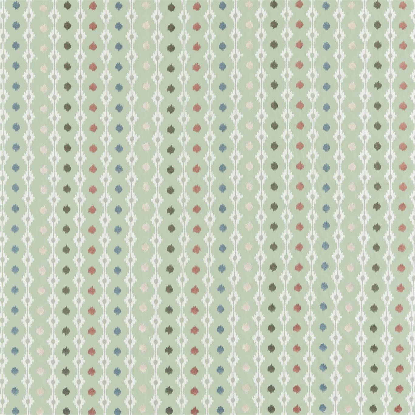 Soft sage green patterned fabric with white lattice stripes and tiny multicoloured dots