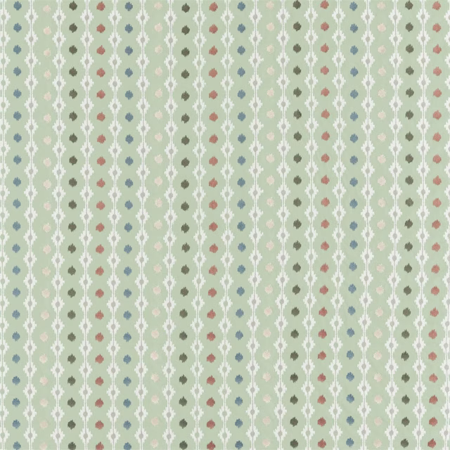 Soft sage green patterned fabric with white lattice stripes and tiny multicoloured dots